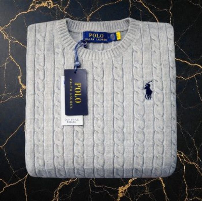 Pull Ralph Lauren Gris Taille S col rond torsadé logo brodé noir