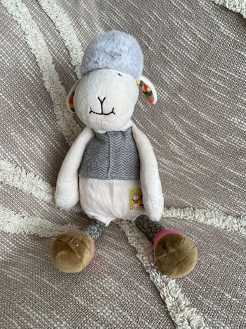Peluche doudou 32cm moulin roty mouton brebis beige gris et rose vert très bon état