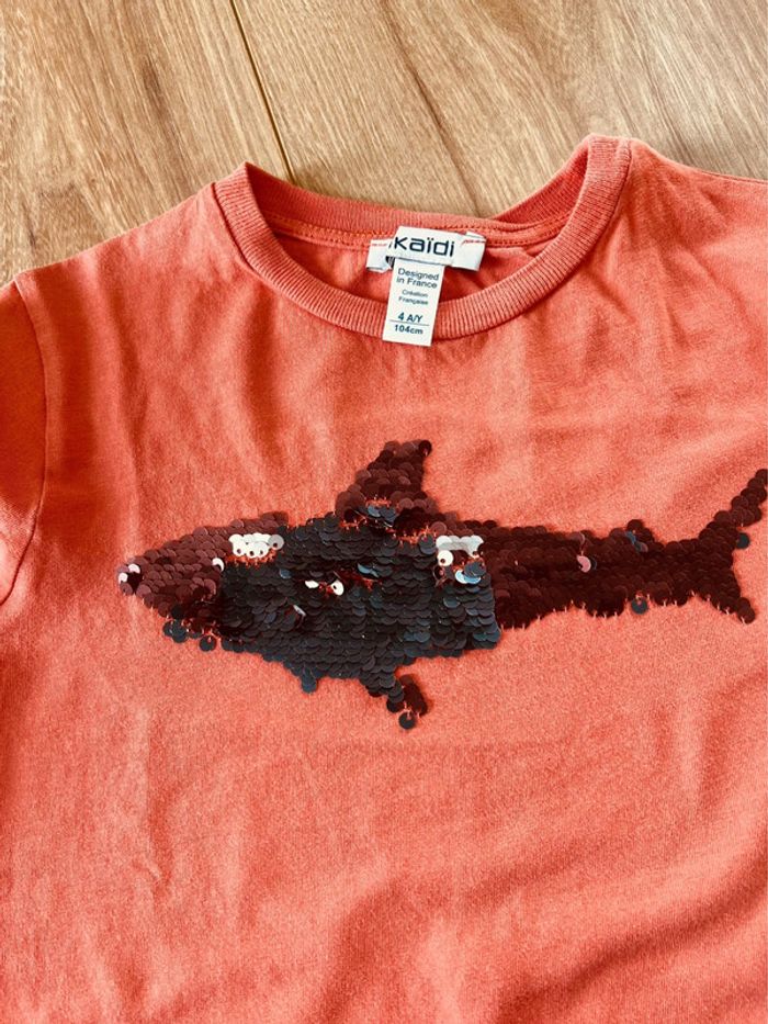 Taille 4 ans ensemble 2 pièces été garçon Okaidi Kiabi orange et gris * requin sequins * 💙 - photo numéro 5