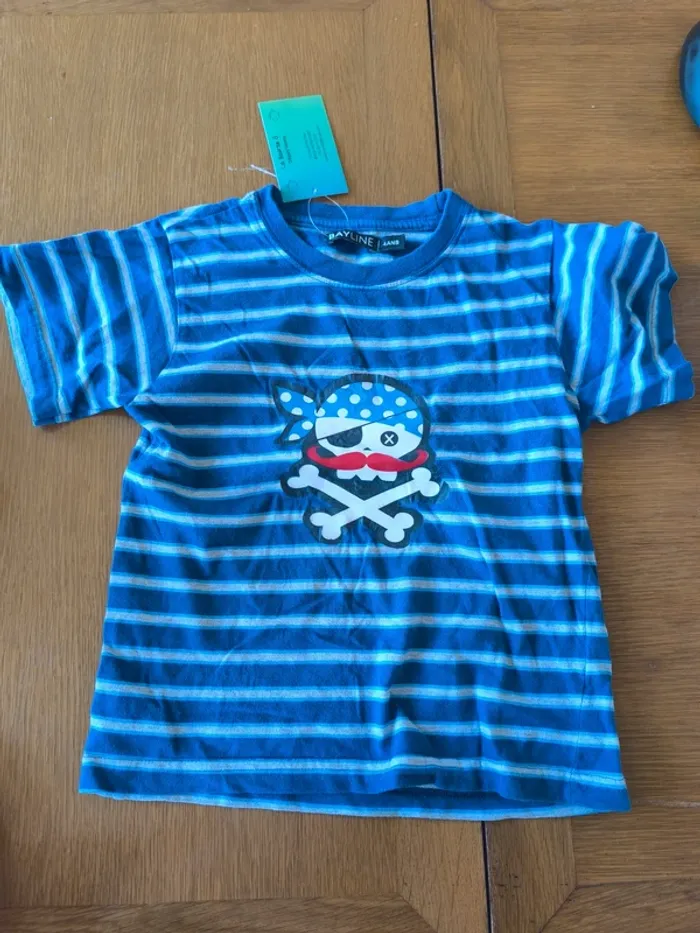 313901 Tee-shirt MC bleu rayé gris garçon 4 ans Bayline