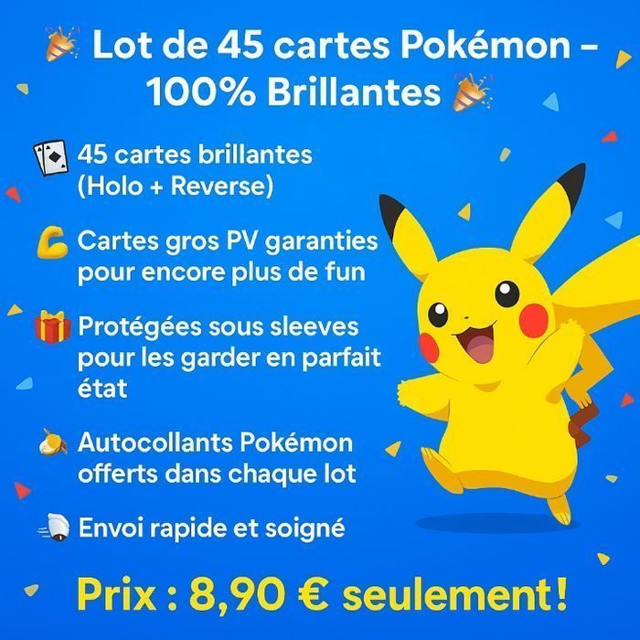🎉 Lot de 45 cartes aléatoires Pokémon – 100% Brillantes 🎉