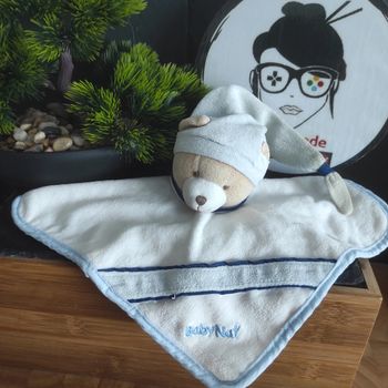 doudou ours baby nat blanc bleu marine bonnet marin blanc ancien vintage Carré