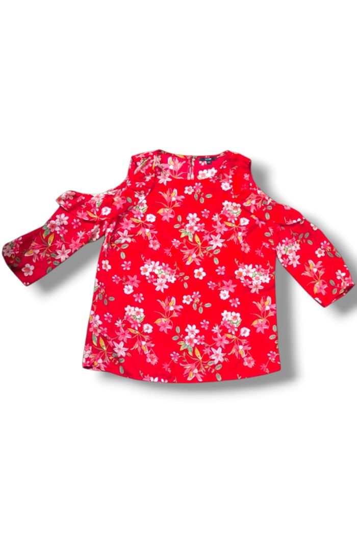 Top haut rouge fleuri épaules dénudées froufrous très beau taille M - photo numéro 2