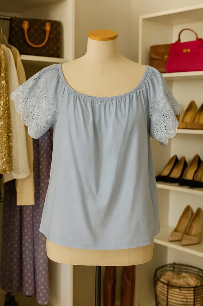 🩵 Blouse bleu clair manches brodées