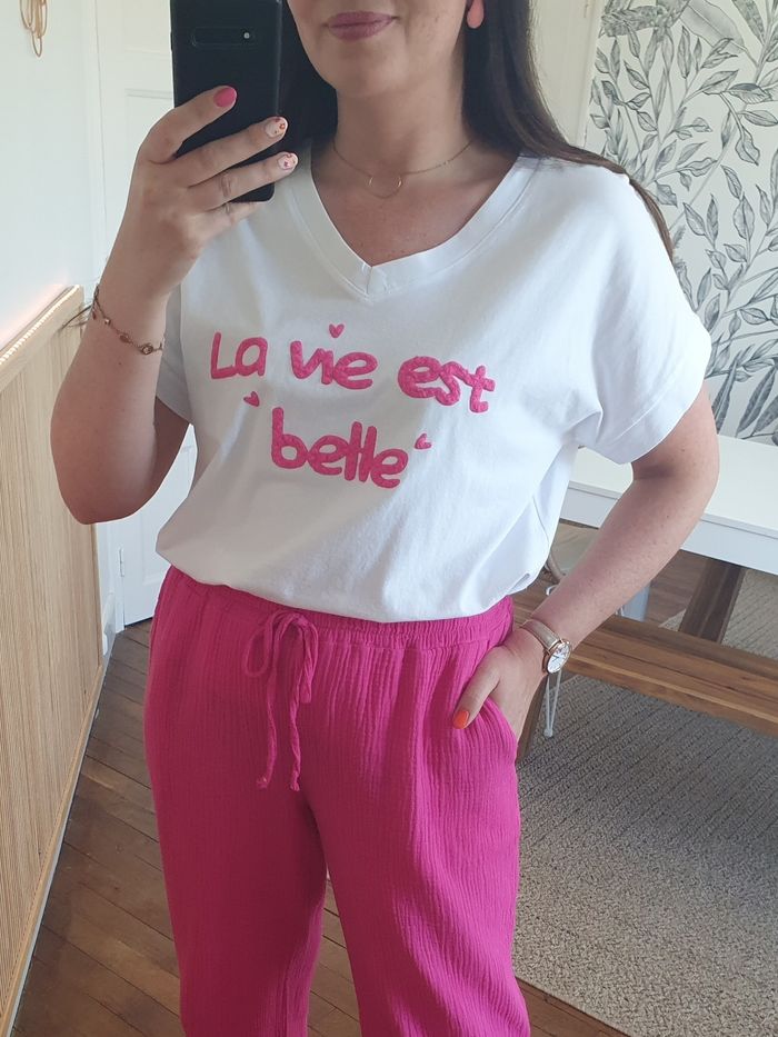 T-shirt La vie est belle blanc/fushia Taille unique