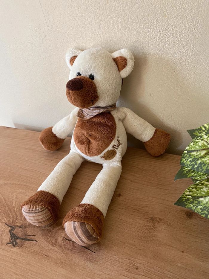 Doudou peluche ours écru marron bandana rayé baby nat - photo numéro 3