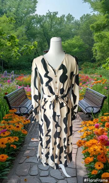 Robe longue beige/noir avec ceinture, Sans marque, taille L