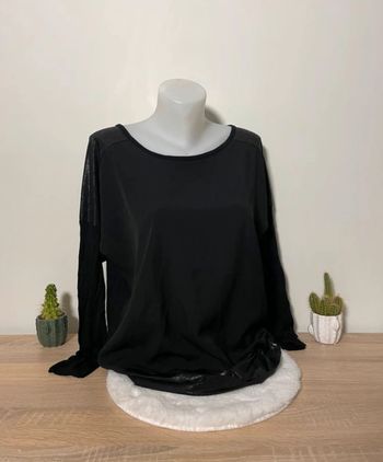 T-shirt manches longues noir bi-matière pailletée Gémo