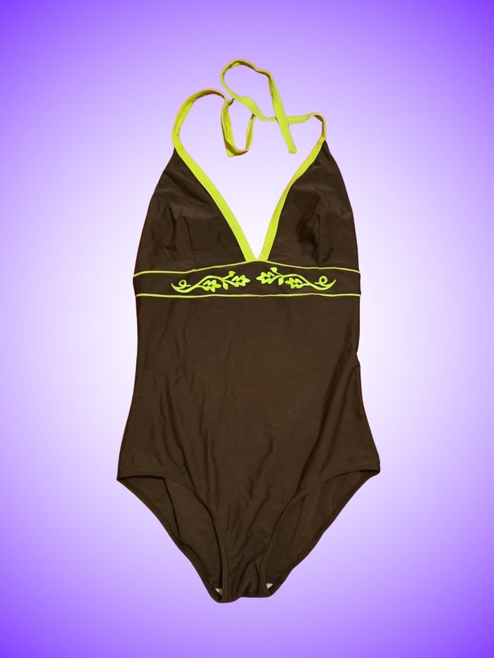 Maillot de Bain 1 Pièce Dos Nu Marron & Vert Lime – Motifs Bohèmes – Taille 44 XXL – Neuf, Sans Étiquette
