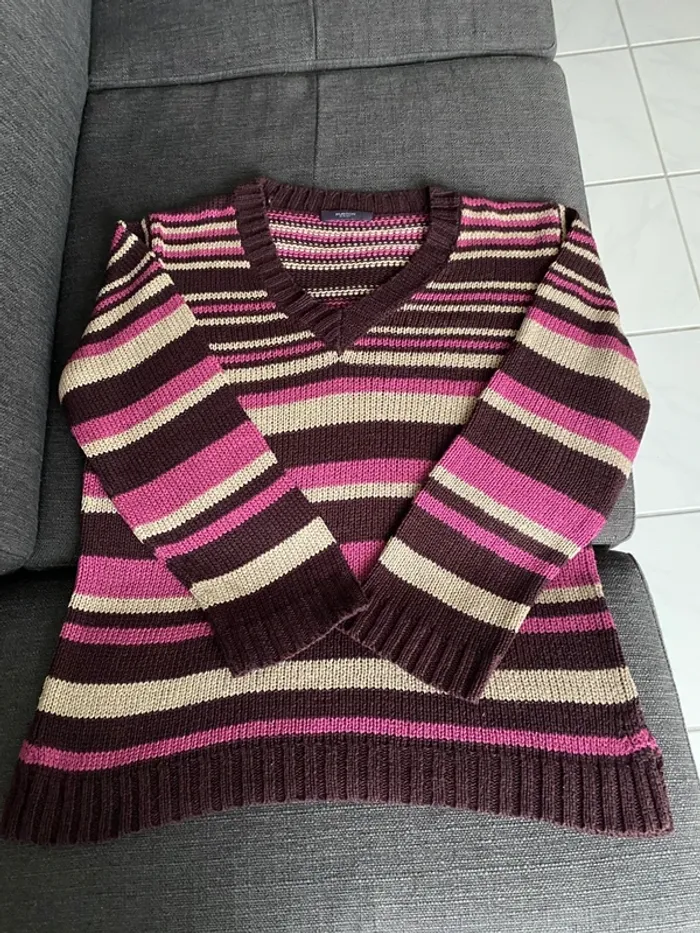 Pull Femme Burton Neuf – Rayé Prune / Rose / Beige – Taille 5 (FR 44/46)