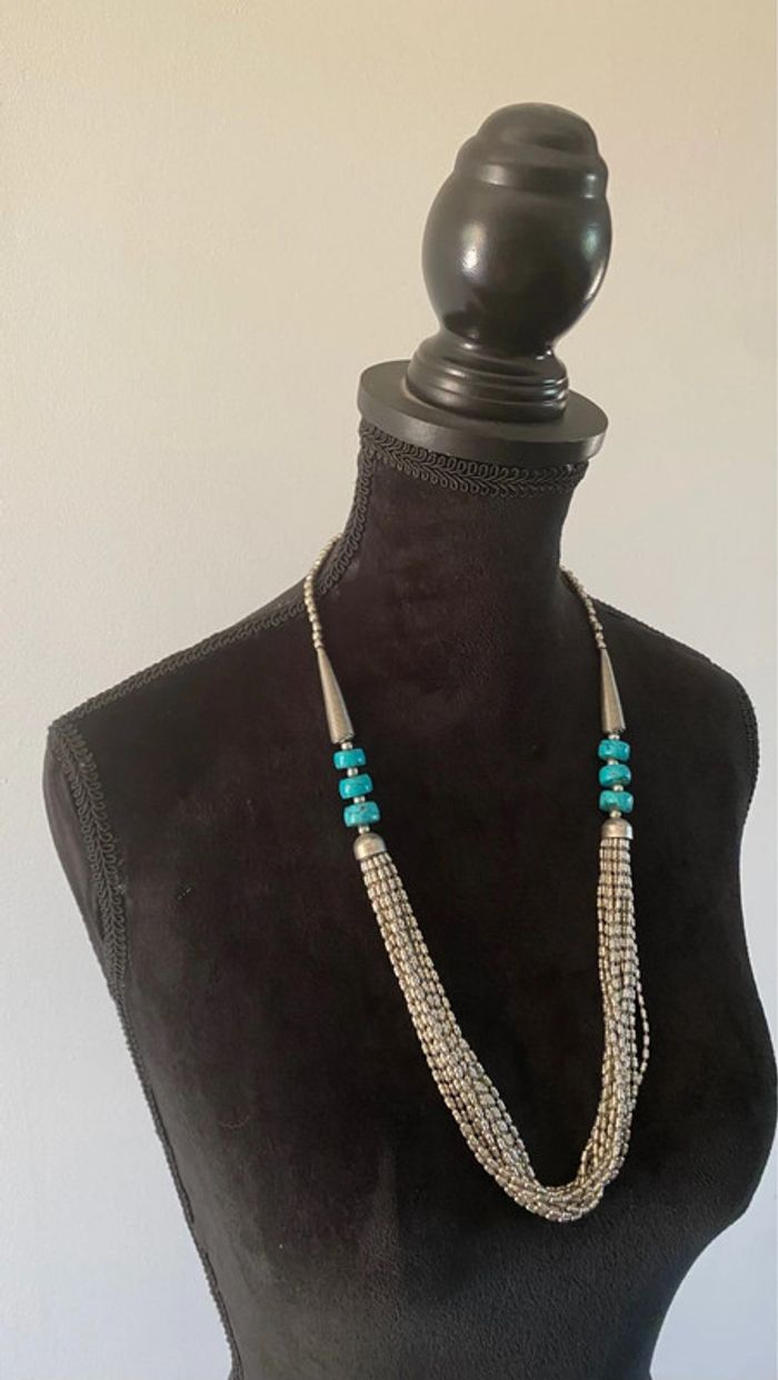 Collier en métal argenté et pierres naturelles turquoise - photo numéro 3