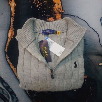 Half zip Ralph Lauren gris 1/4 col camionneur torsadé logo brodé noir taille L