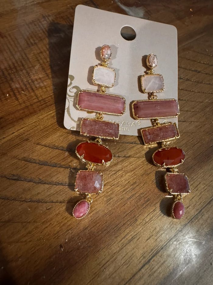 Grosses boucles d’oreilles acière inoxydable or habaha Paris quartz jade rose rhodhont - photo numéro 3