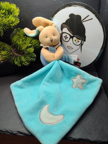 Doudou Lapin Mouchoir Luminescent Baby Nat' Bleu Lune Étoile Marron Bn0137 Gris