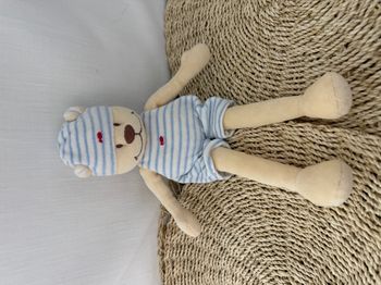 Doudou Ours Blanc Salopette Rayée Bleue Bengy