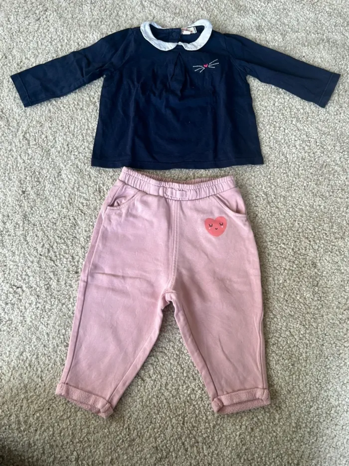 Lot : tenue avec pantalon jogging et haut à manches longues fille - 12 mois - DPAM et Tex