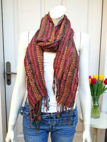 Écharpe Foulard Étole marque SIPECUSA Neuve prune multicolore avec franges