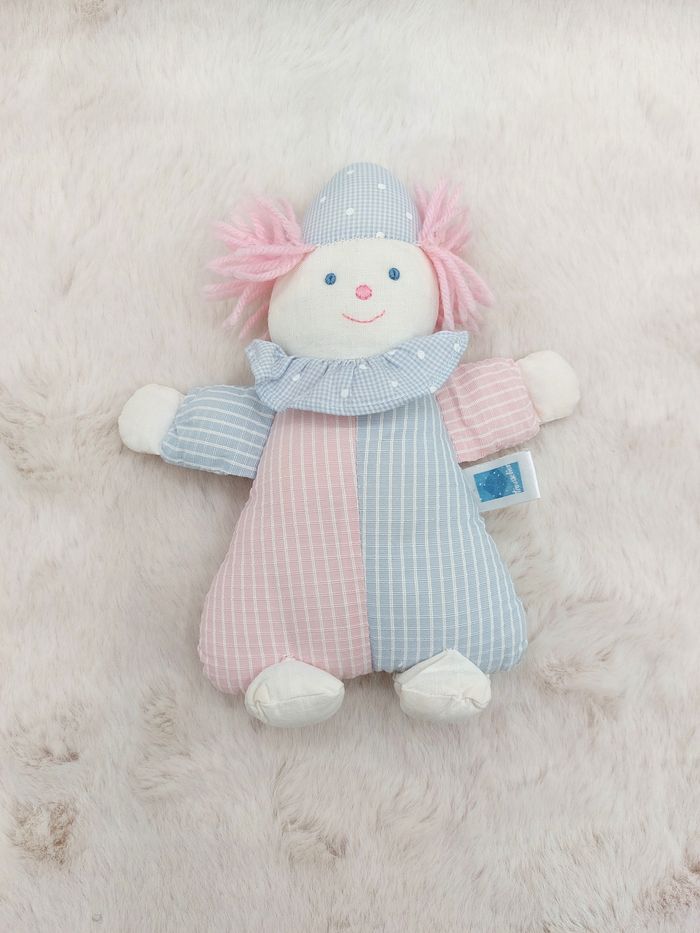 Ancien doudou petite peluche clown TROUSSELIER blanc bleu rose 19,5 cm Vintage