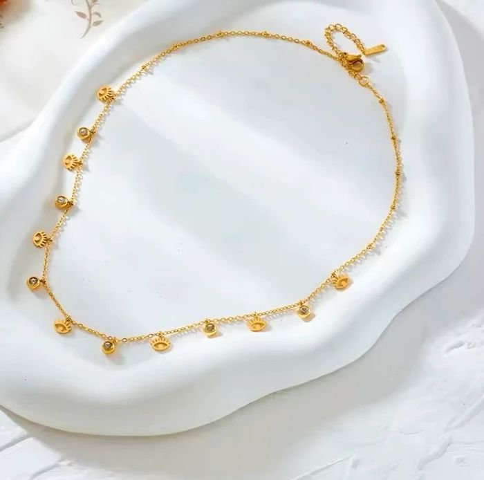 Collier doré en acier inoxydable – pampilles œil & strass (neuf) - photo numéro 3