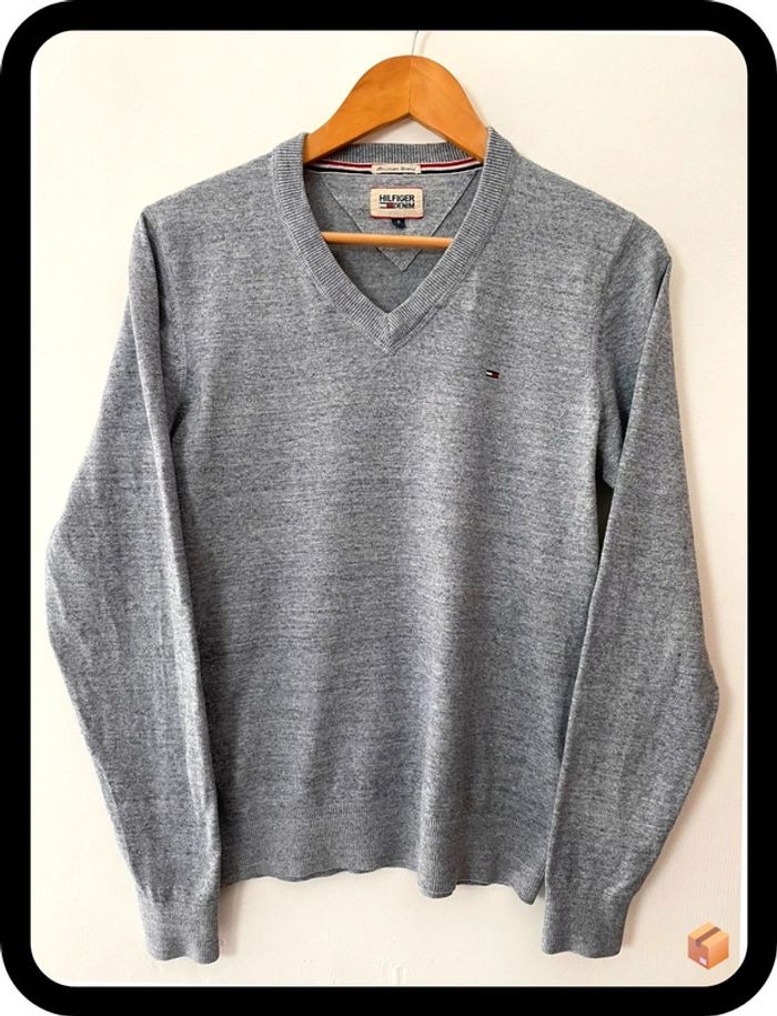 Pull Hilfiger Denim – Taille S – Gris – Col V – Homme