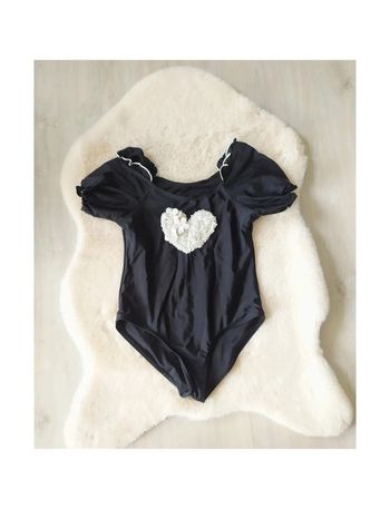 Justaucorps noir pour danse ou gymnastique coeur blanc avec fleurs 150 cm