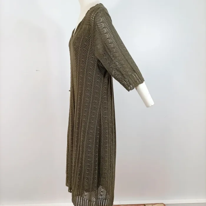 Robe kaki ajourée en maille crochet style bohème avec fond de robe intégré – T.M estimée A923 - photo numéro 2