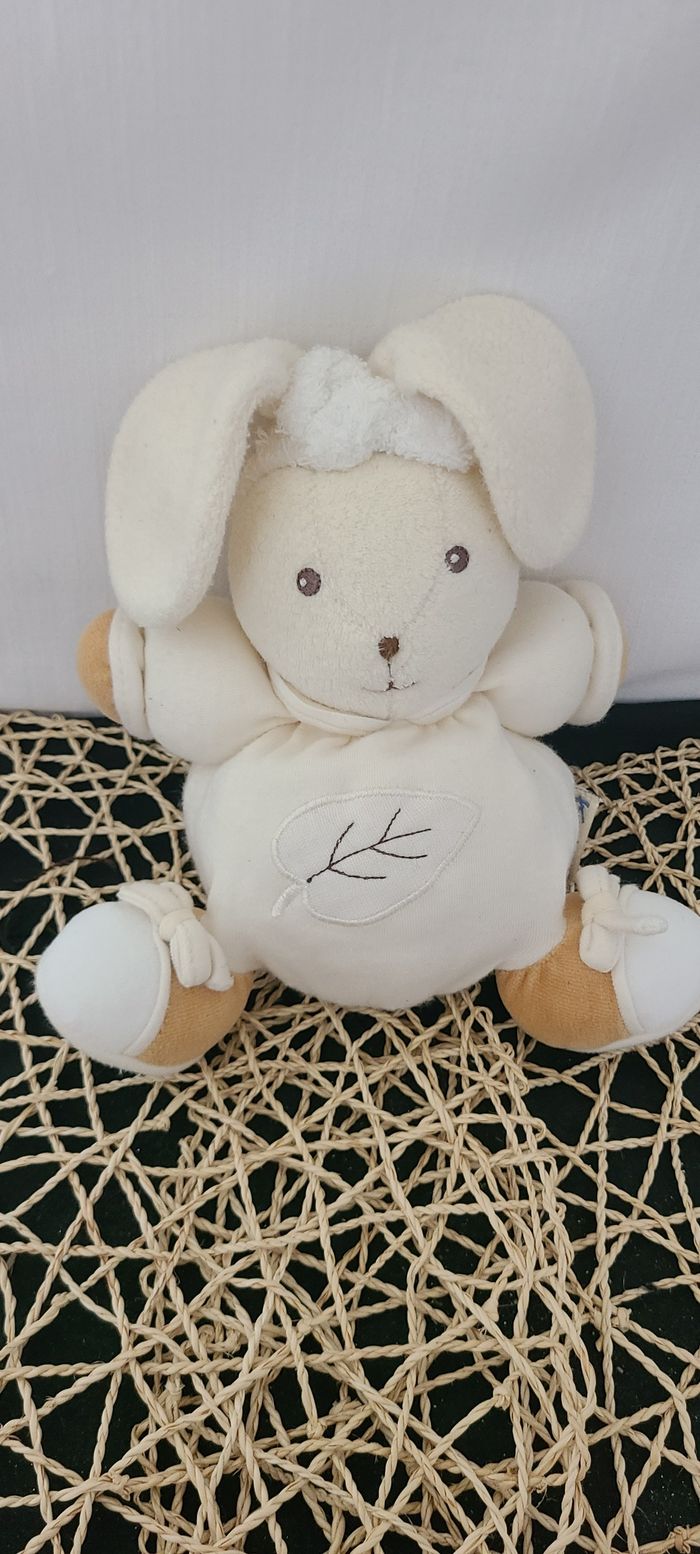 Doudou Lapin Boule Coton Blanc Cassé Broderie Feuille Kaloo - photo numéro 2