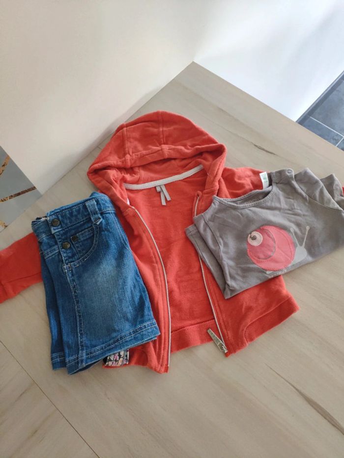 Tenue complète 12 mois jupe jean t shirt escargot et gilet rouge orangé - photo numéro 4