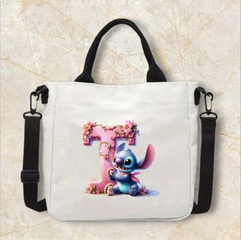 Sac fourre tout bandoulière Stitch ; initiale T ;  21 x 23 x 5 cm