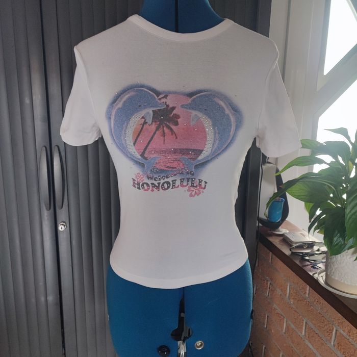 T-shirt blanc imprimé welcome Honolulu Jennyfer taille S 36 tâché en bas du t-shirt