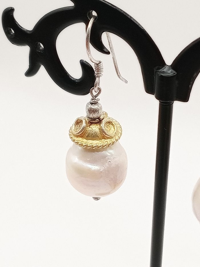 Orecchini artigianali argento dorato color oro perla fiume acqua dolce - photo numéro 4