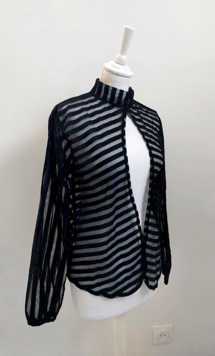 Top manches longues ouvert avec rayures en transparence noir taille L - photo numéro 2