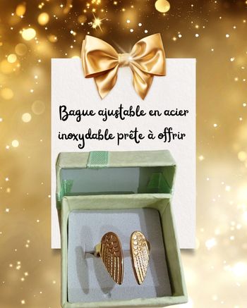 Bague ajustable acier inoxydable doré ailes d'anges