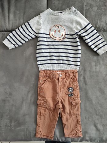 Ensemble deux pièces garçon 9 mois pull gris à rayures et pantalon marron