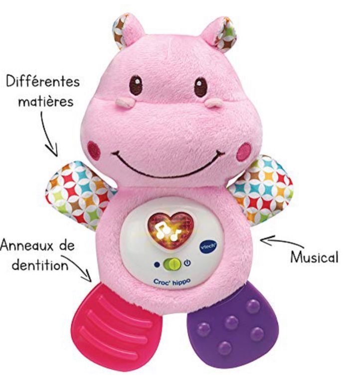 Vtech 80-502555 croc hippo rose 0-24 mois peluche hippopotame hochet musical jouet d’éveil sensoriel textures anneaux de dentition +30 phrases chansons mélodies et sons amusants bleu lot SOP77 - photo numéro 9