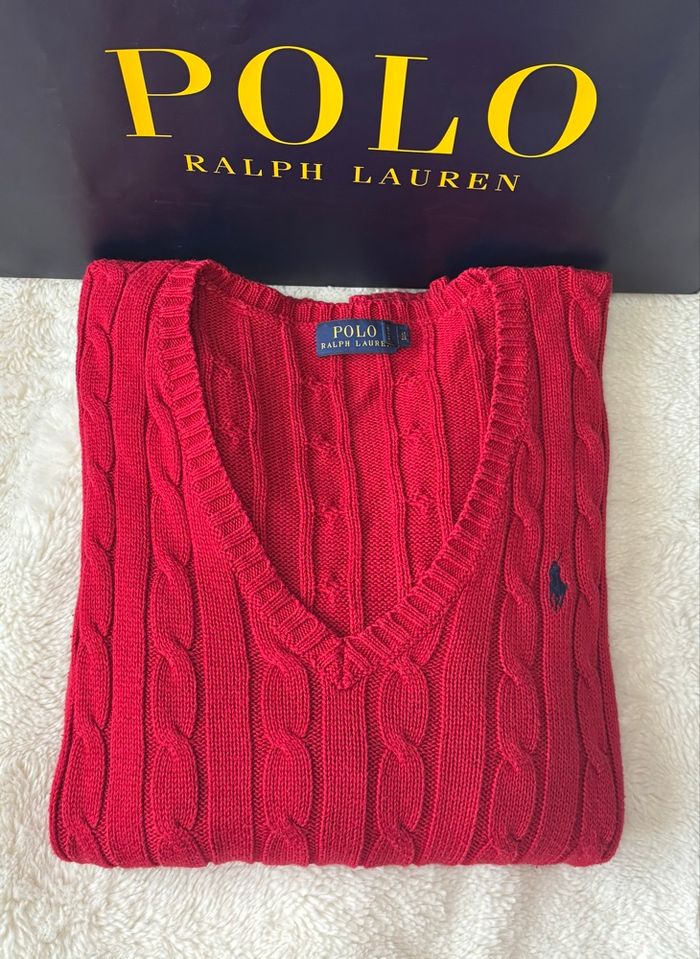 ❤️ Superbe Pull Torsade Neuf Ralph Lauren Rouge Logo Bleu Marine - Taille M/38 - photo numéro 3