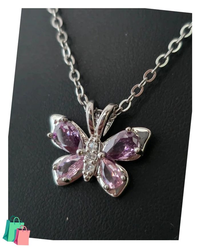 Collier maille jaseron pendentif papillon rose avec pierre d'ornement acier inoxydable - photo numéro 5