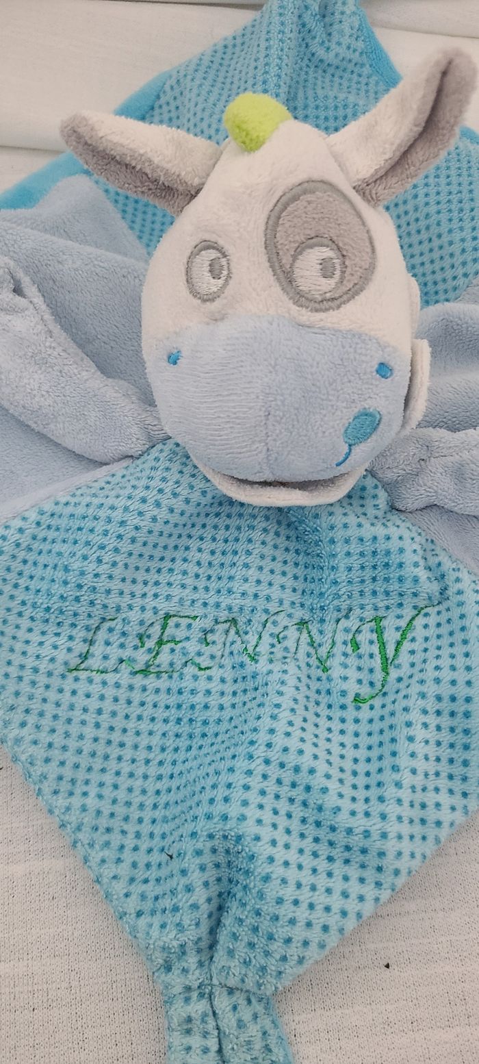 Doudou plat cheval âne MOTS D'ENFANTS bleu pois cocard Leclerc