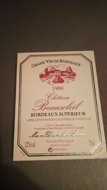 Etiquette de vin Château Beausoleil Bordeaux Supérieur 1999 Neuve