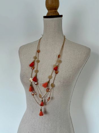 Collier sautoir corail pompons été strass boucle d’oreilles Ketting Halskette Necklace Collar Colar