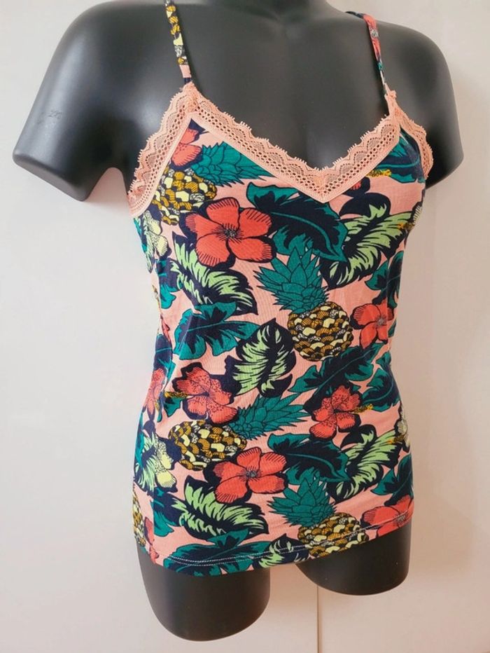 Haut Top tee shirt débardeur motifs fleurs floraux multicolore vert rose taille XS 34 coquette - photo numéro 2
