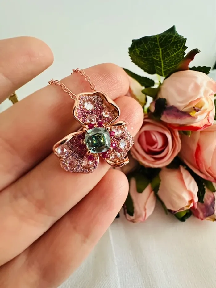 🌷Collier fleur cristal rose & vert – Élégance mystérieuse - photo numéro 10