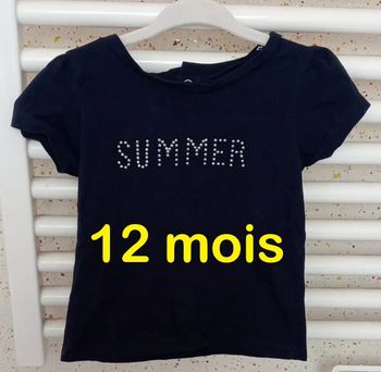 Tee shirt manche courte bleu marine motif strass Tissaïa Taille 12 mois
