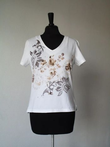 T-shirt blanc fleurs beige Jac Jac 38 TBE