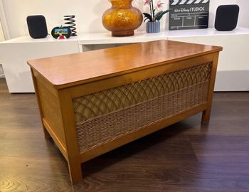 Banc Coffre à jouets en bois et rotin vintage année 60 - bon état 