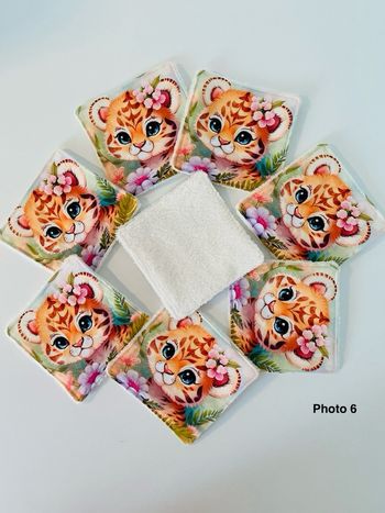 Lingettes lavables X8. Coton/éponge. Petite lionne