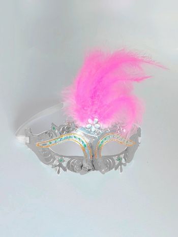 Masque vénitien argenté plume rose / Amazon - Adulte