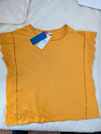 Blouse broderie anglaise jaune moutarde coton Cyrillus neuf