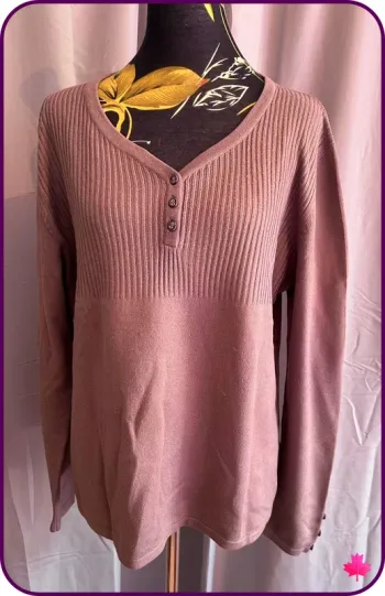 Pull Marron Rosé Col V Damart - Maille Côtelée - Grande Taille XL/XXL
