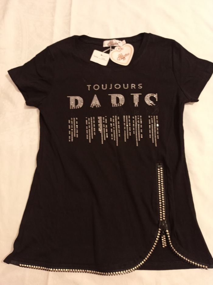 Taille 12 ans pull noir manche courte ou tunique voir photos neuf jamais porté magnifique avec fermeture et strass brillant - photo numéro 10